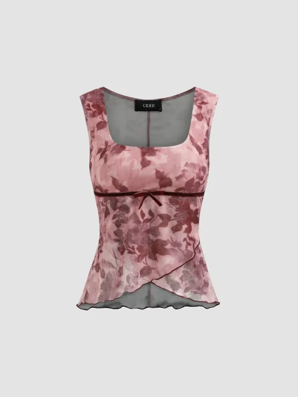 Square Neck Floral Bowknot Lettuce Trim Tank Top sold by Cider
