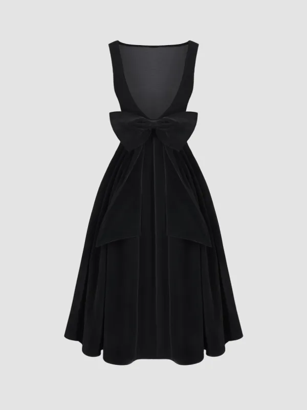 Velvet Boat Neck Bowknot Backless Midi Dress sold by Cider