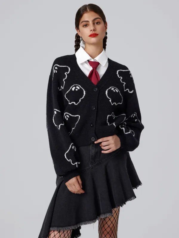 Halloween V-neck Ghost Button Cardigan sold by Cider