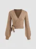 Knitted V-neck Solid Knotted Wrap Cardigan sold by Cider