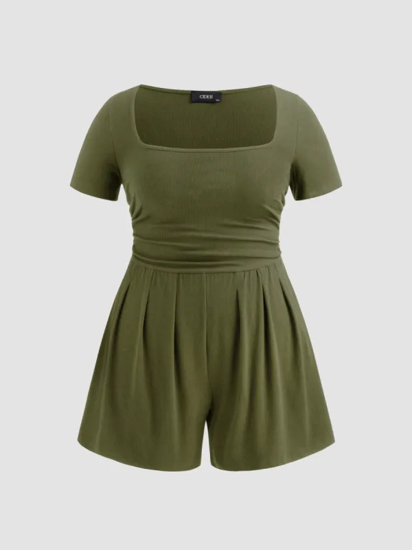 Cotton-blend Square Neck Solid Ruched Pocket Romper Curve & Plus sold by Cider