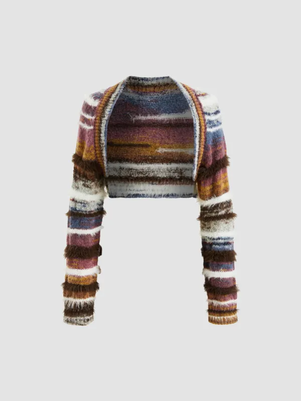 Fuzzy Collarless Stripe Knitted Crop Shrug sold by Cider
