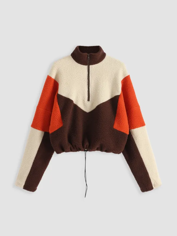Fleece Patchy Stand Collar Drawstring Sweatshirt sold by Cider