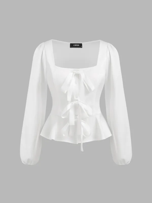 Satin Square Neck Solid Ruffle Hem Knotted Long Sleeve Blouse sold by Cider