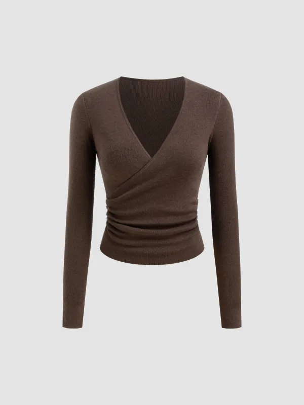 Wool-blend V-neck Solid Ruched Knitted Long Sleeve Top sold by Cider