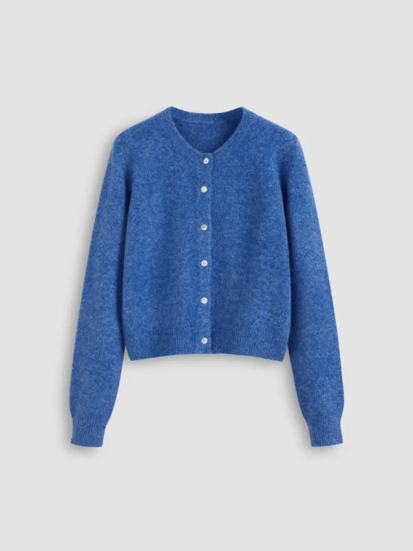 Wool-blend Round Neckline Solid Button Knitted Cardigan sold by Cider