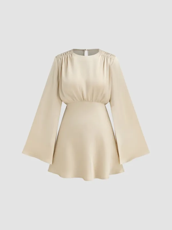 Satin Round Neckline Solid Cut Out Ruffle Shirred Mini Dress sold by Cider