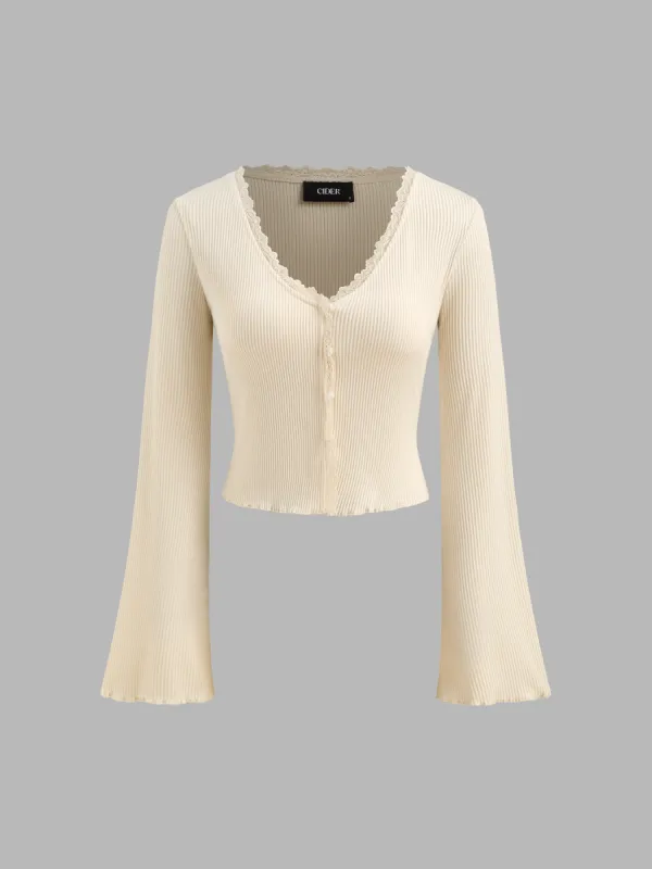 V-neck Solid Lace Lettuce Trim Long Sleeve Crop Top sold by Cider
