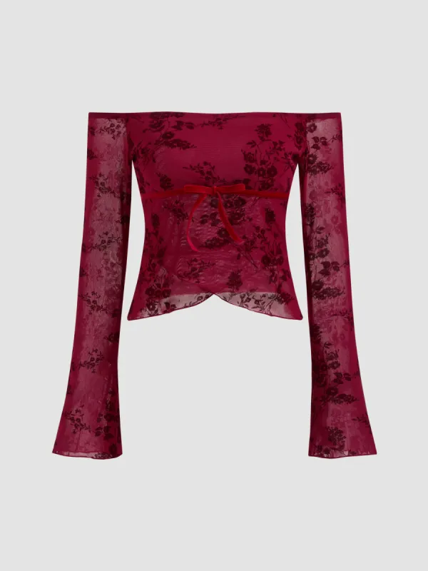 Off-shoulder Floral Bowknot Long Sleeve Crop Blouse sold by Cider