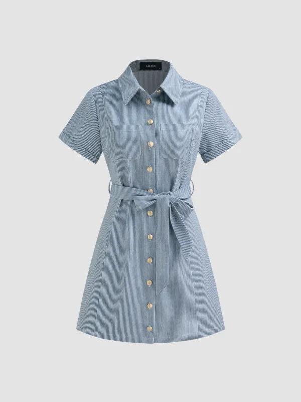 100% Cotton Collar Striped Button Mini Dress With Belt sold by Cider