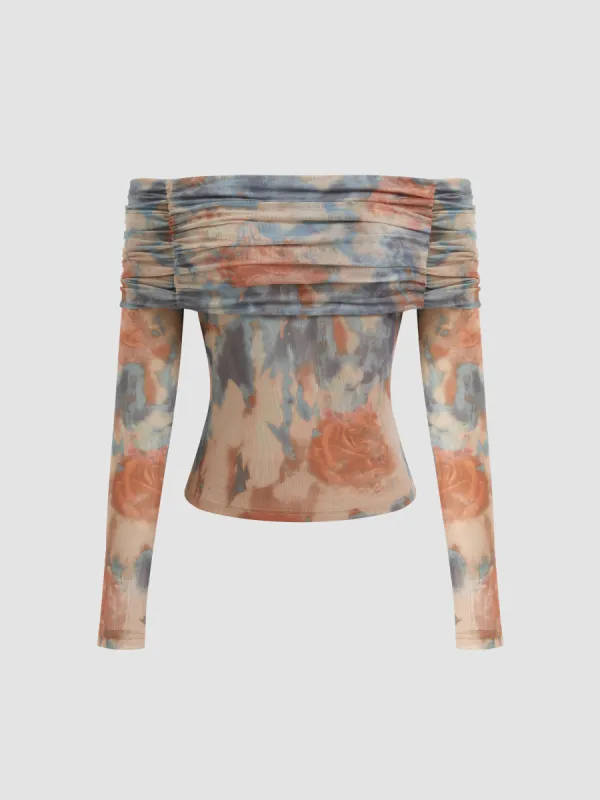 Off-shoulder Floral Ruched Long Sleeve Top sold by Cider