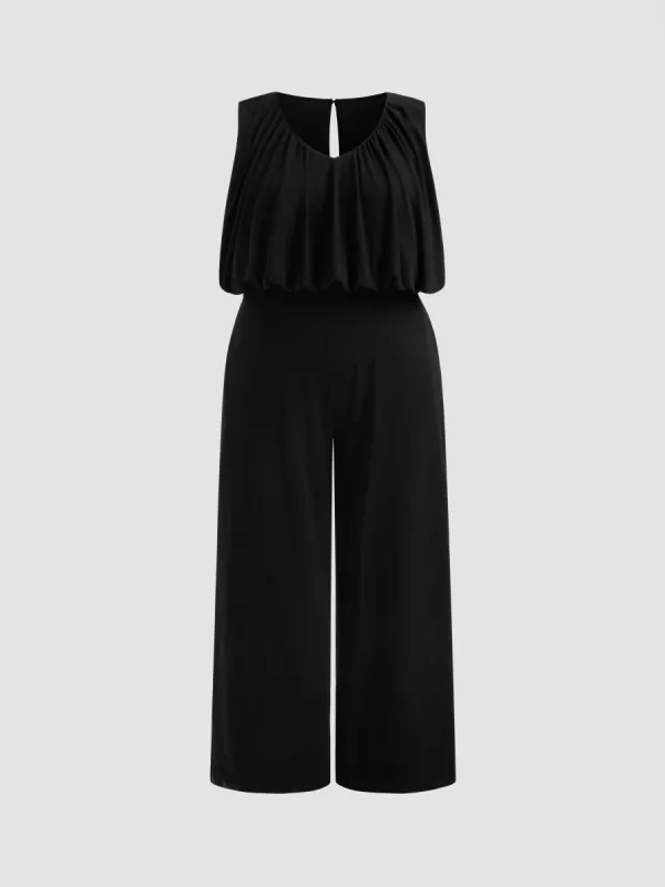 Cotton-blend Scoop Neckline Solid Pocket Button Jumpsuit Curve & Plus sold by Cider