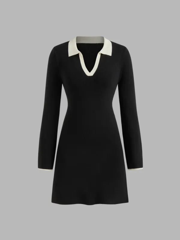 Knitted V-neck Solid Contrasting Binding Long Sleeve Mini Dress sold by Cider