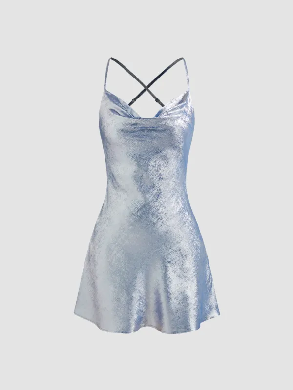 Cowl Neck Solid Metallic Criss Cross Mini Dress sold by Cider