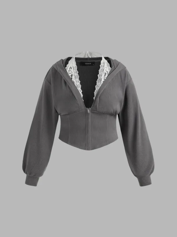 Rib Halter Neckline Lace Corset Zipper Hoodie Curve & Plus sold by Cider