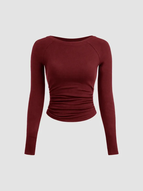 Thermal Cotton-blend Boat Neck Solid Ruched Long Sleeve Tee sold by Cider