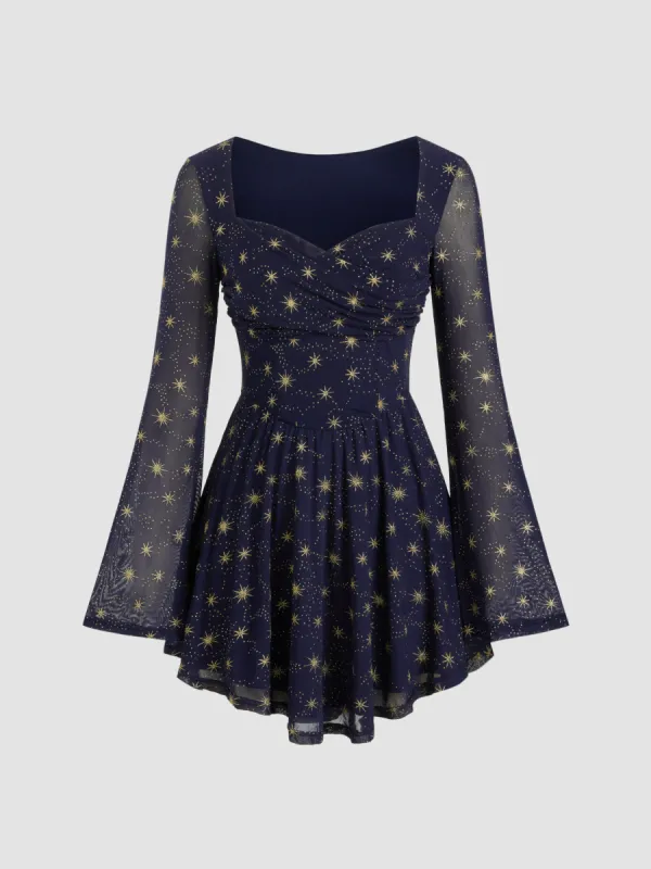 Mesh Sweetheart Neckline Star Glitter Ruffle Mini Dress sold by Cider