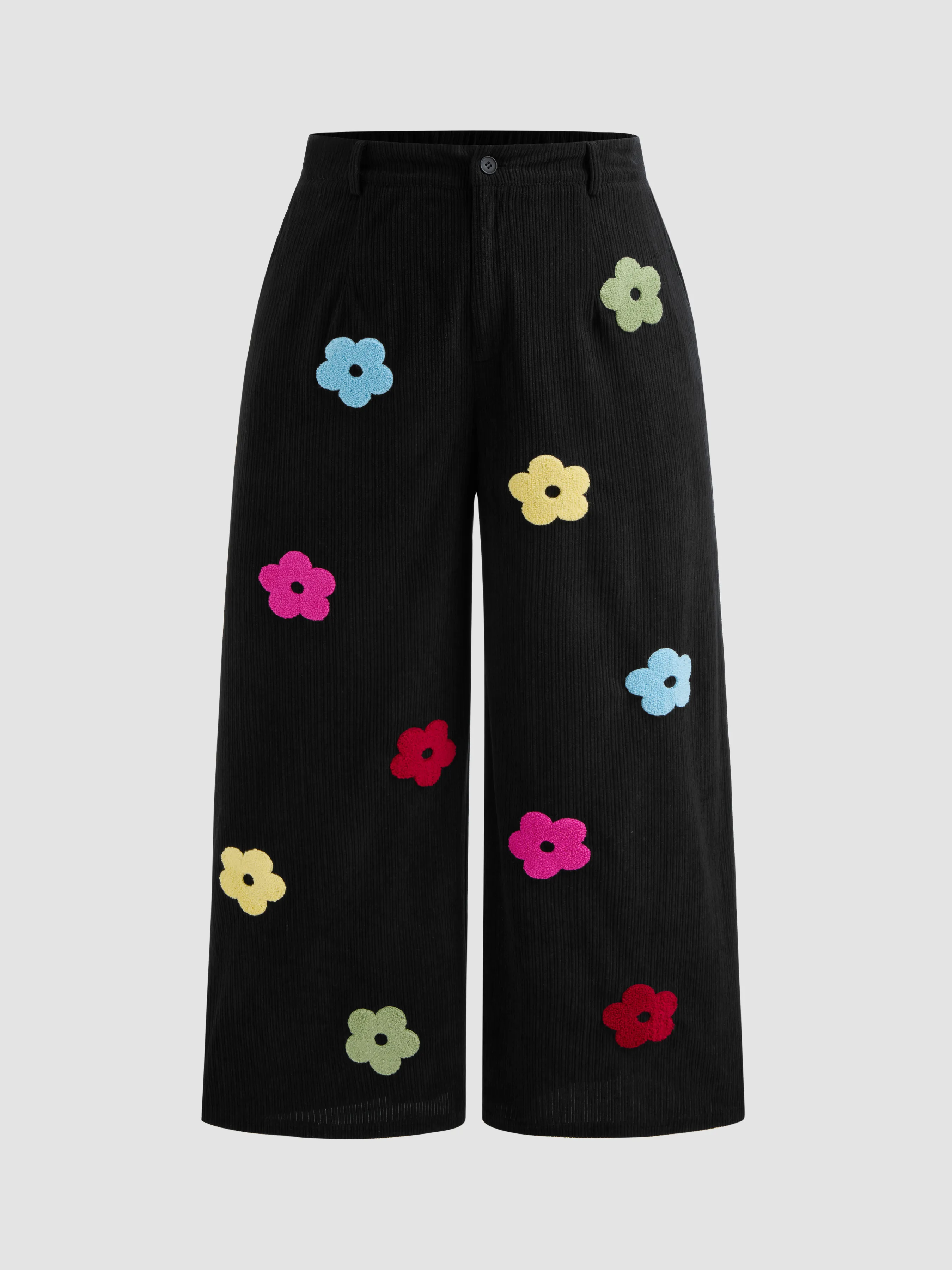 Corduroy Mid Rise Floral Pocket Wide Leg Trousers Curve & Plus sold by Cider
