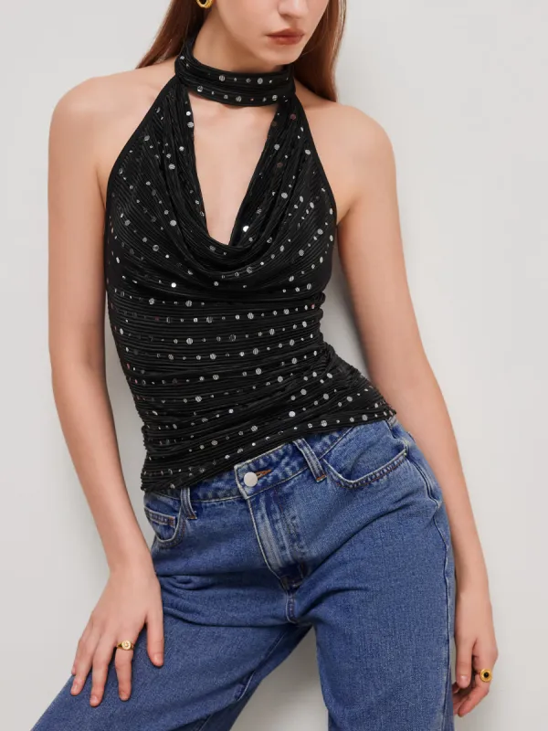 Halter Neckline Sequin Rib Backless Tank Top sold by Cider