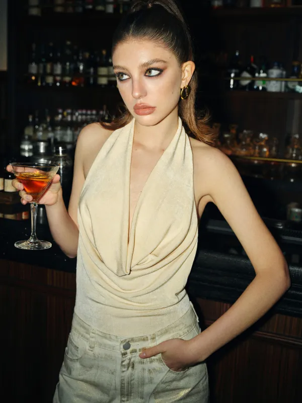 Halter Neckline Solid Ruched Bodysuit sold by Cider