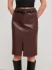Faux Leather Mid Rise Solid Split Midi Skirt With Belt sold by Cider