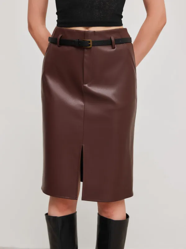 Faux Leather Mid Rise Solid Split Midi Skirt With Belt sold by Cider