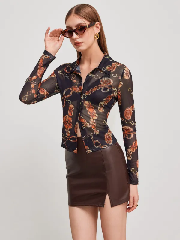 Mesh Collar Chain Graphic See-through Long Sleeve Blouse sold by Cider