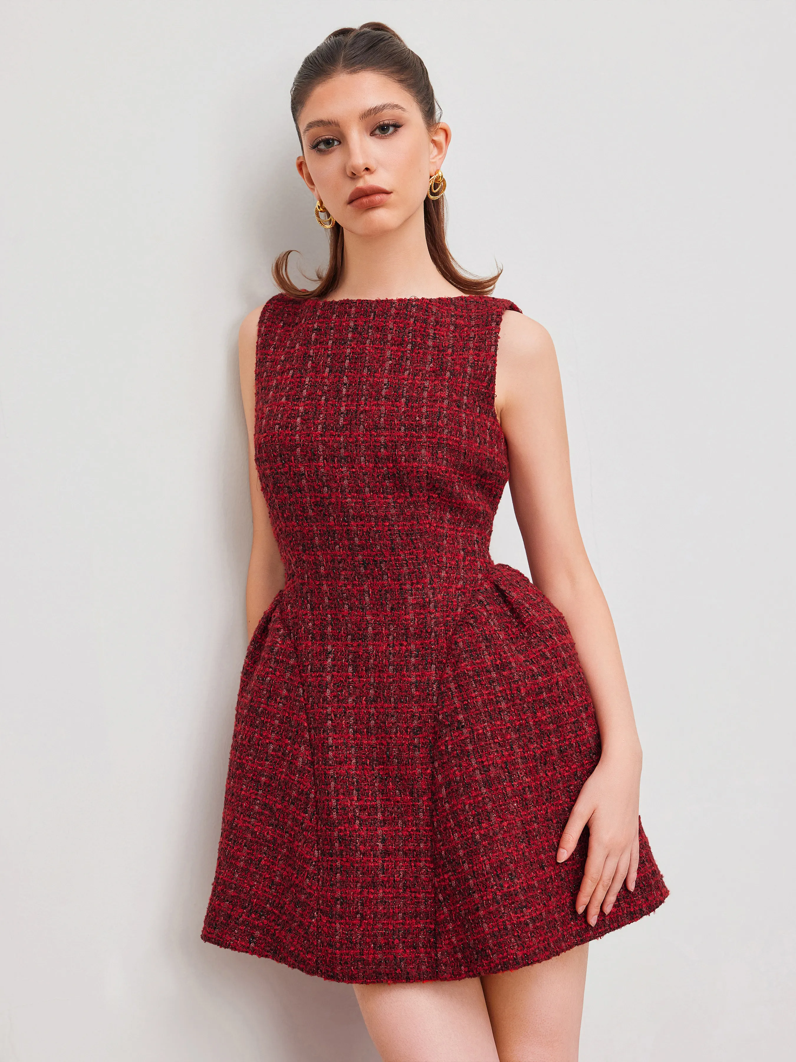 Tweed Boat Neck Zipper Ruffle Mini Dress sold by Cider