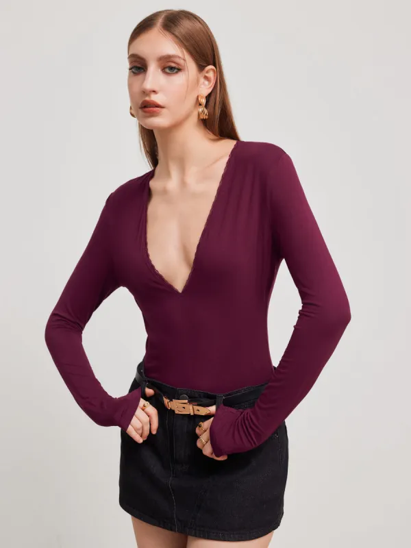 V-neck Solid Lace Trim Bodysuit sold by Cider