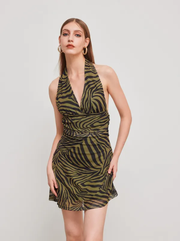 Mesh Halter Neckline Zebra Stripe Backless Ruched Mini Dress sold by Cider