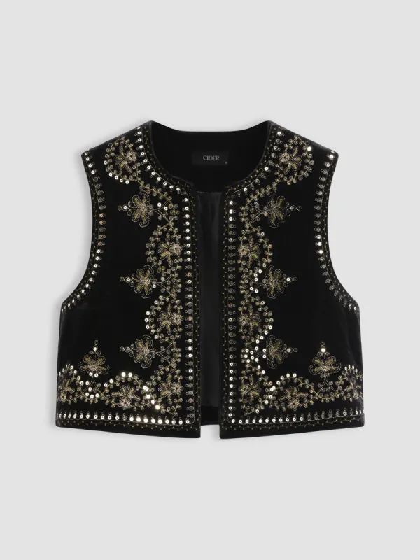 Velvet Round Neckline Floral Sequin Jacket Vest sold by Cider