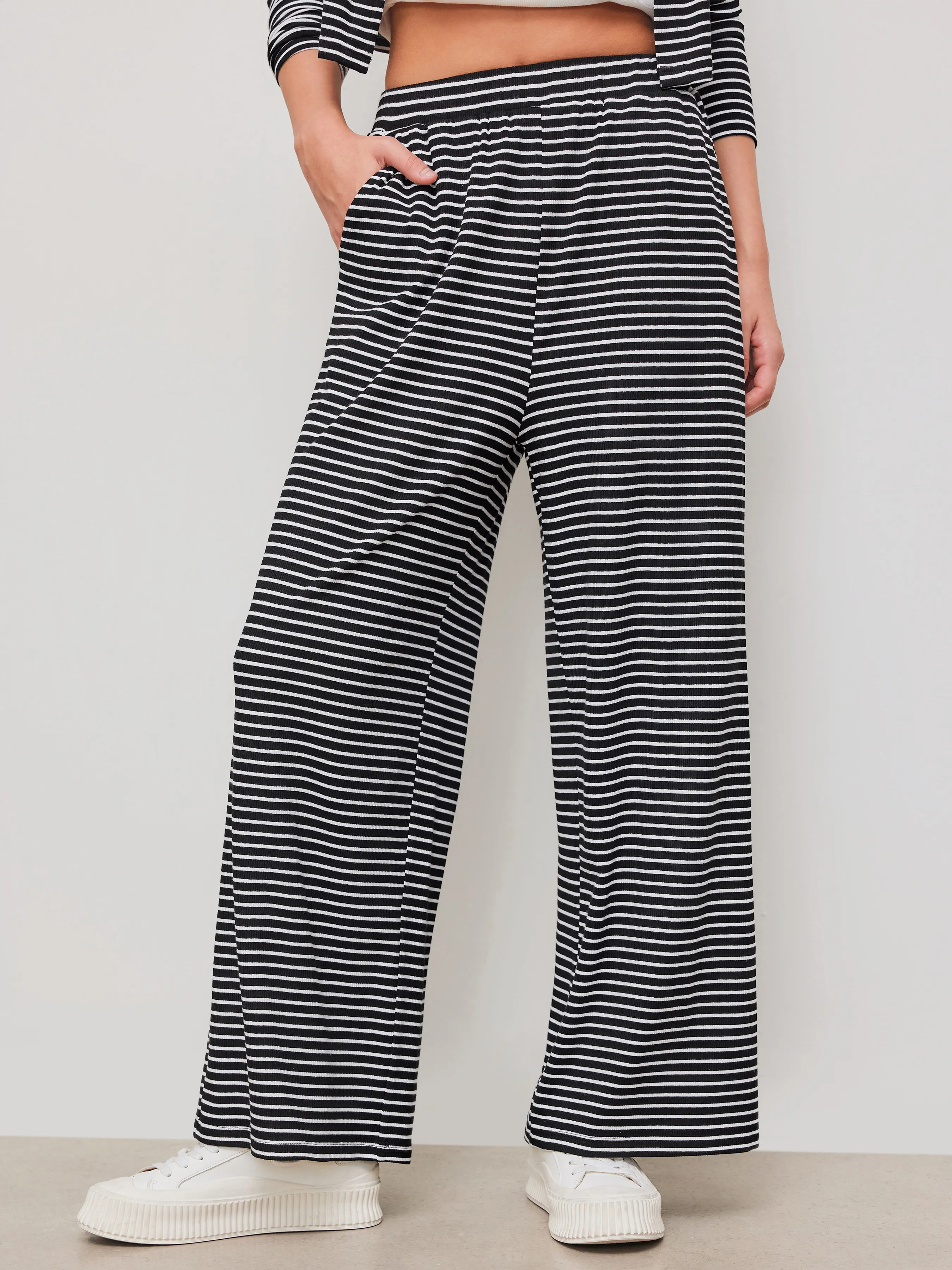 Mid Rise Striped Pocket Wide Leg Trousers  sold by Cider