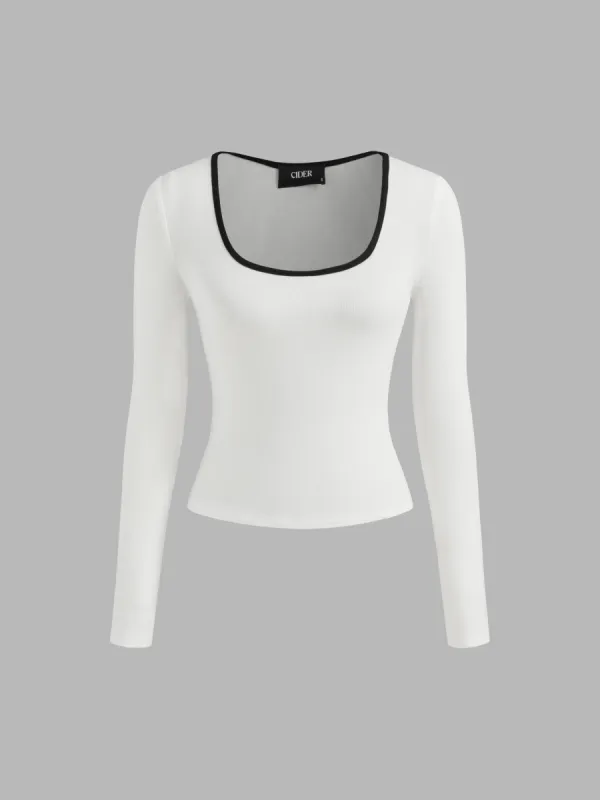 Square Neck Solid Contrasting Binding Long Sleeve Tee sold by Cider