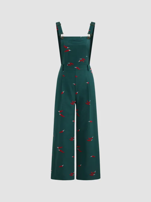 100% Cotton Square Neck Chili Embroidery Pocket Buckle Up Wide Leg Jumpsuit sold by Cider