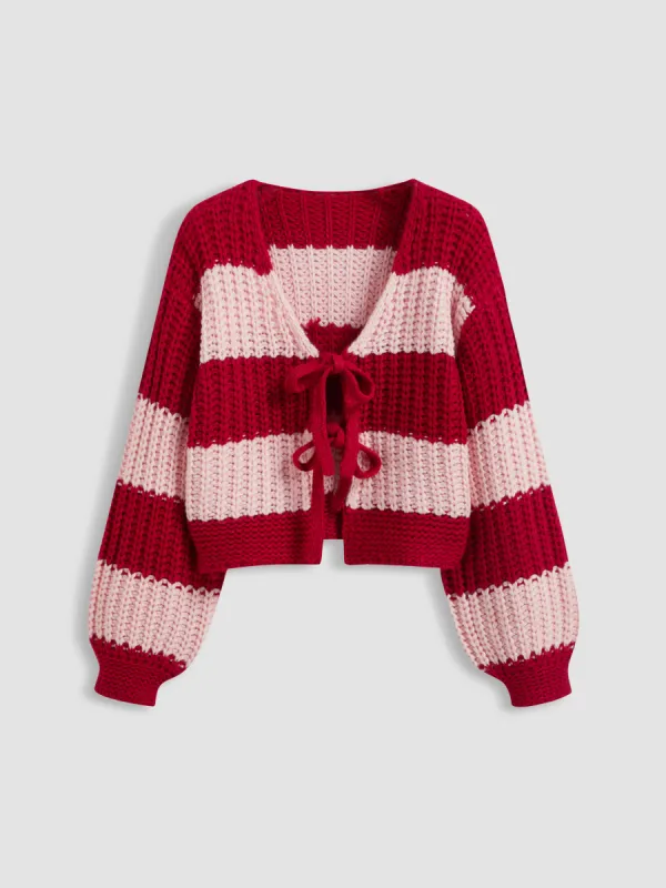 Knit V-neck Striped Tie Front Cardigan sold by Cider