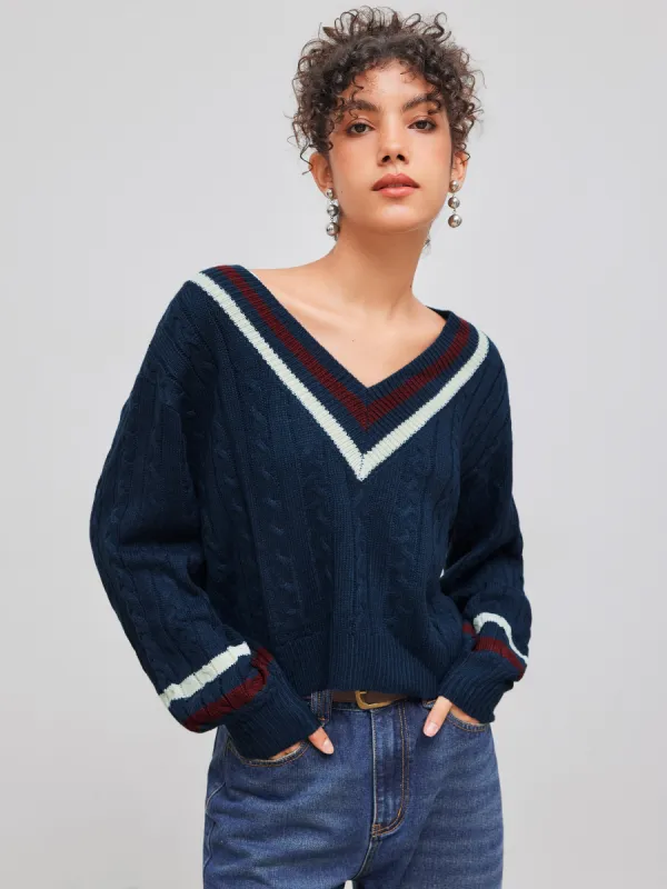 Cable Knit V-neck Solid Contrasting Binding Long Sleeve Top sold by Cider