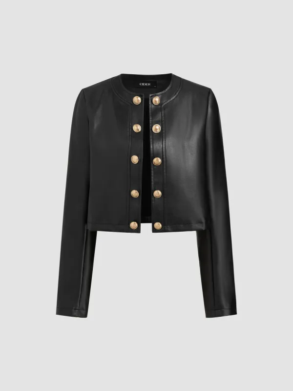 Faux Leather Round Neckline Solid Button Long Sleeve Jacket sold by Cider
