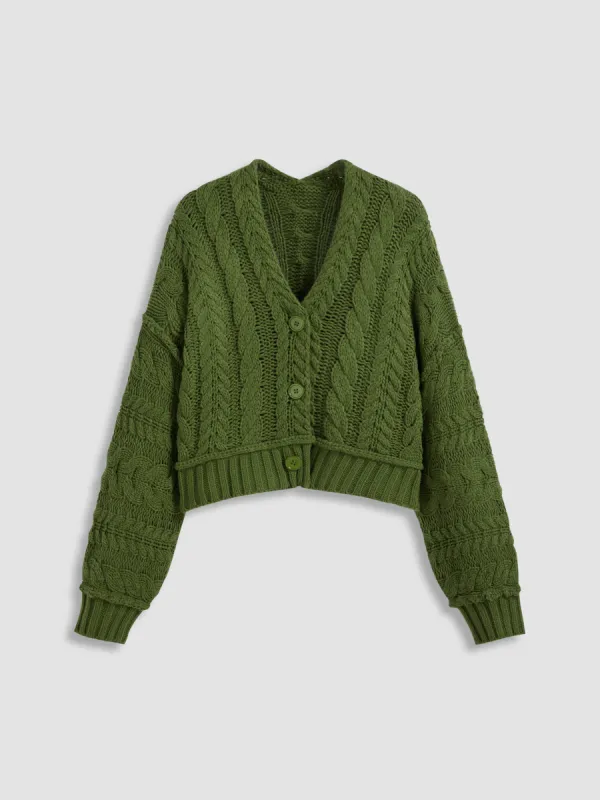 Cable Knit V-neck Solid Button Cardigan sold by Cider