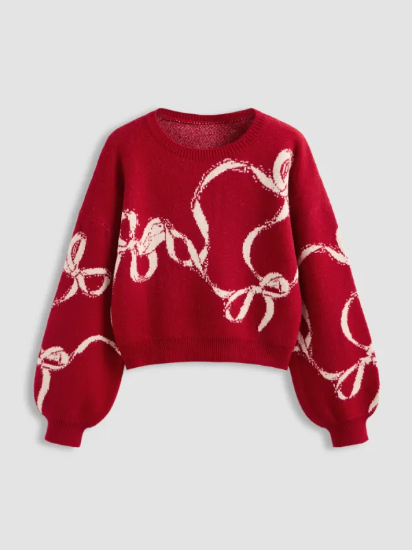 Knitted Round Neckline Bowknot Graphic Oversized Long Sleeve Sweater sold by Cider