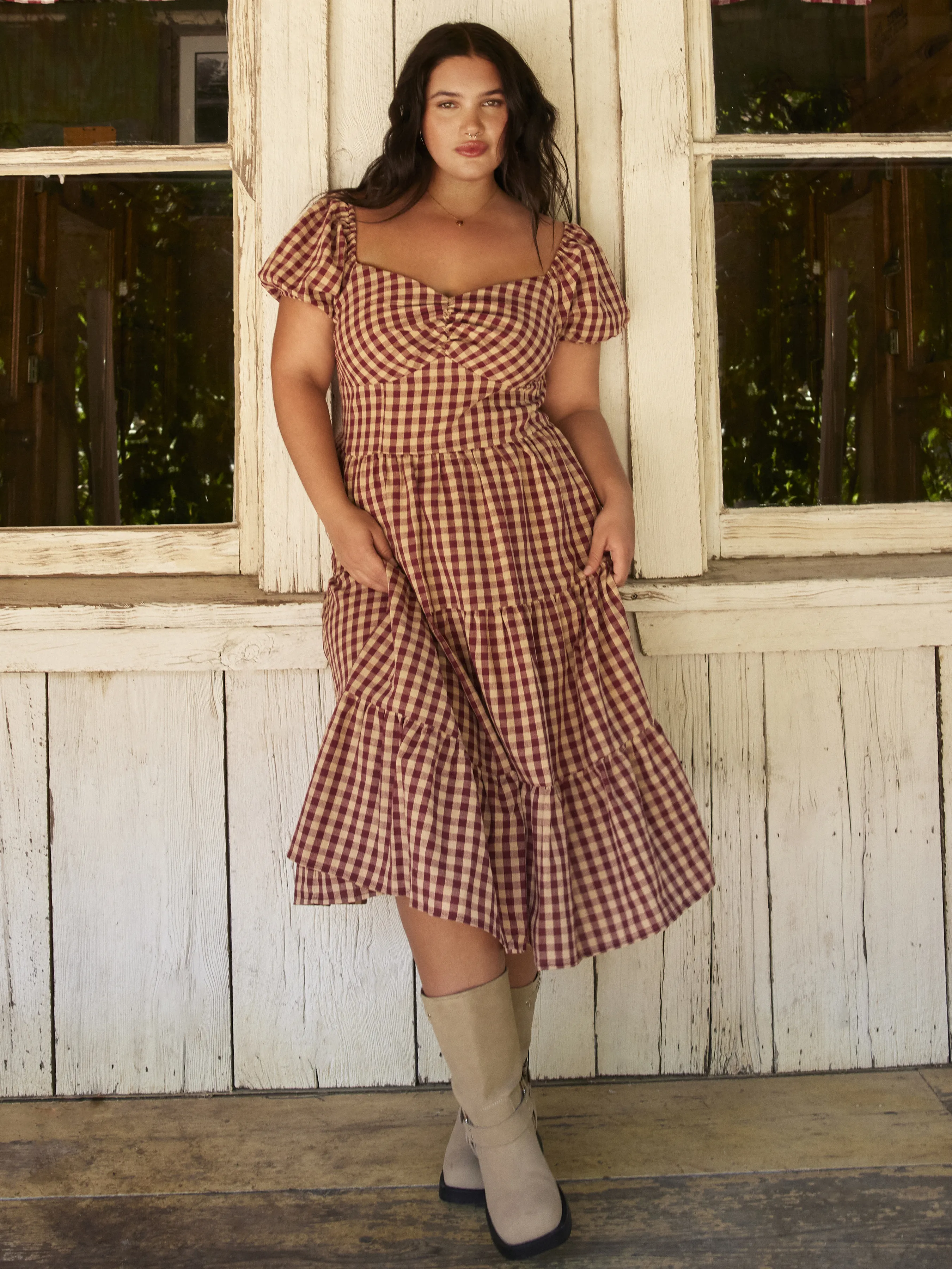 Cotton-blend Square Neck Gingham Shirred Tiered Midi Dress Curve & Plus sold by Cider
