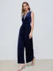 Velvet V-neck Solid Pocket Ruched Wide Leg Jumpsuit sold by Cider