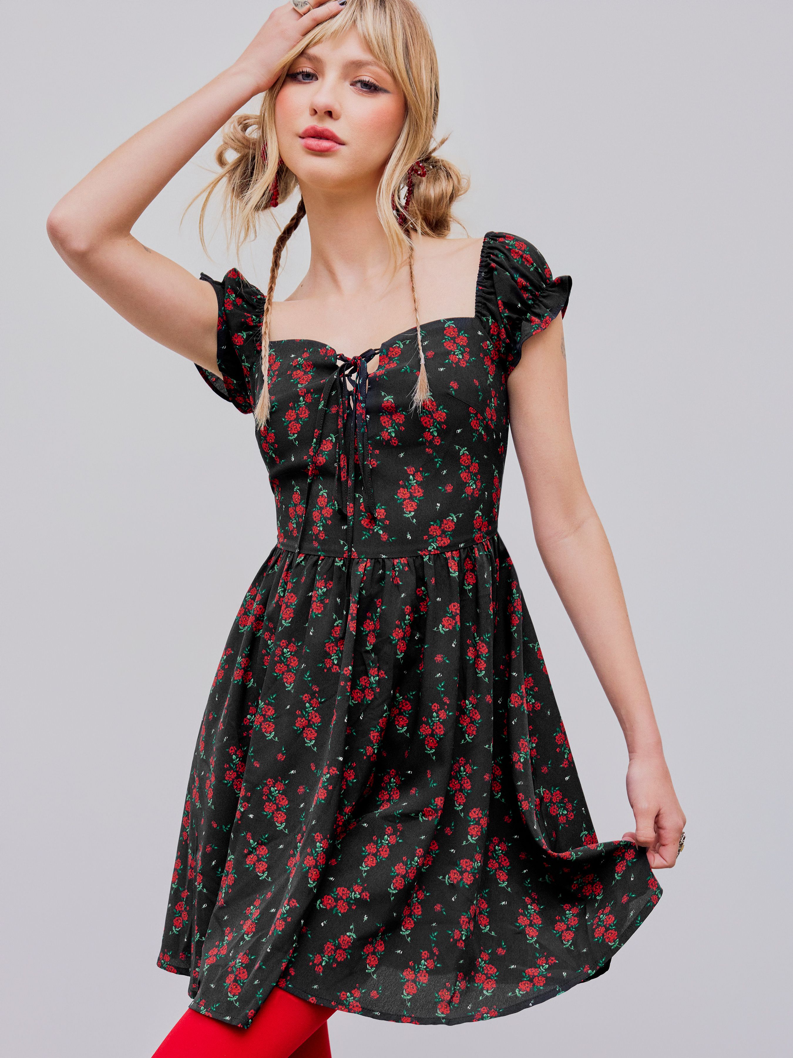 Square Neck Floral Ruffle Hem Mini Dress sold by Cider
