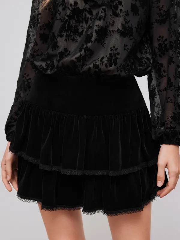 Velvet Mid Rise Lace Ruffle Layered Mini Skirt sold by Cider