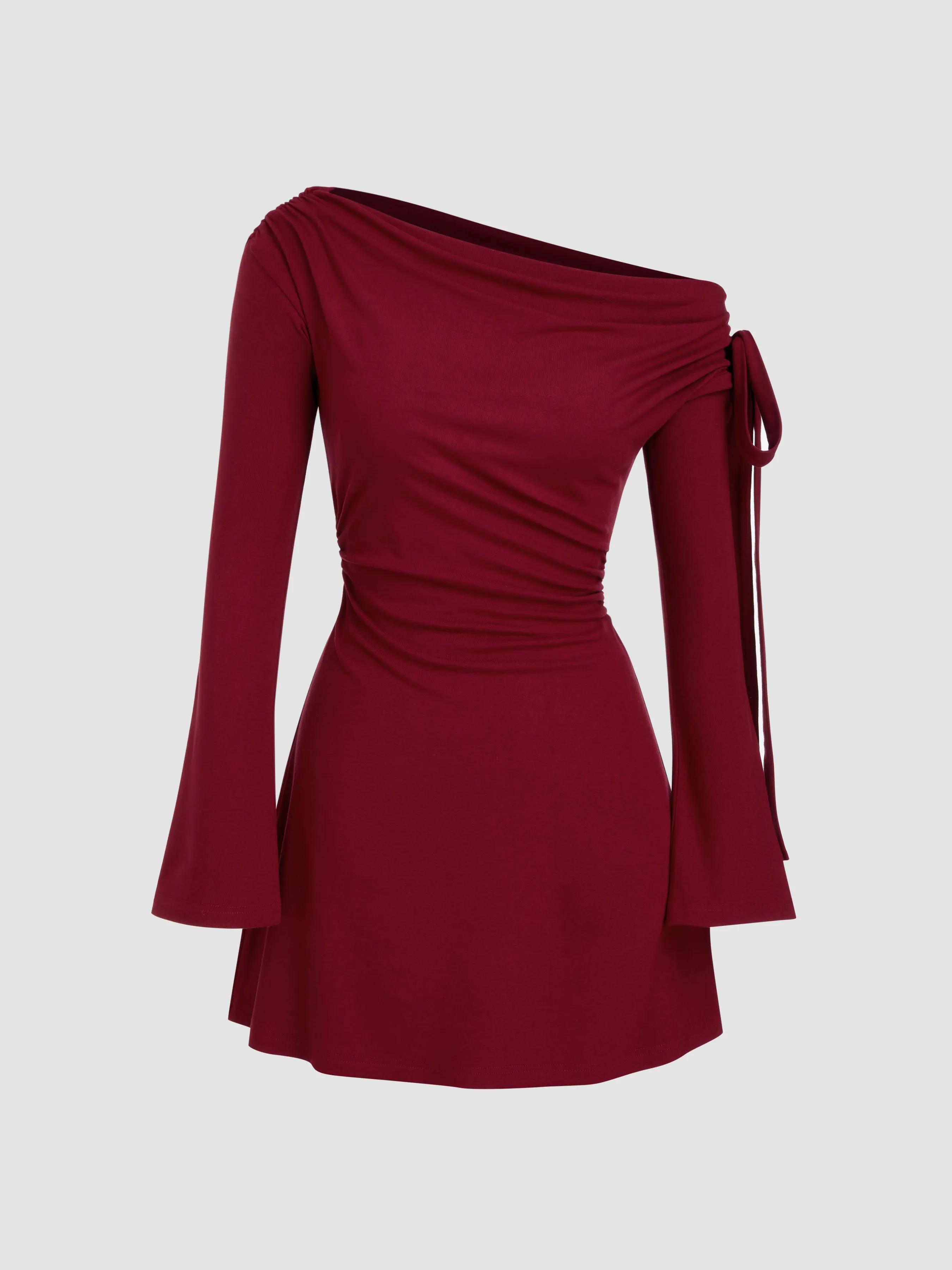 Asymmetrical Neck Ruched Knotted Mini Dress sold by Cider