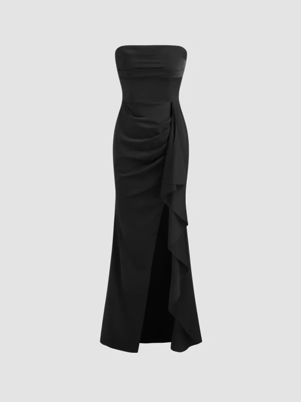 Woven Strapless Solid Ruched Maxi Dress sold by Cider