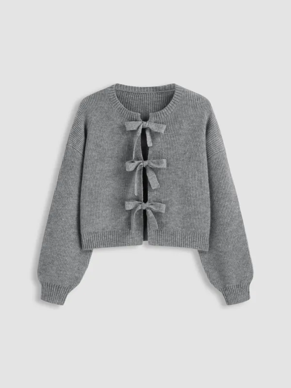 Knit Round Neckline Solid Tie Front Cardigan Curve & Plus sold by Cider
