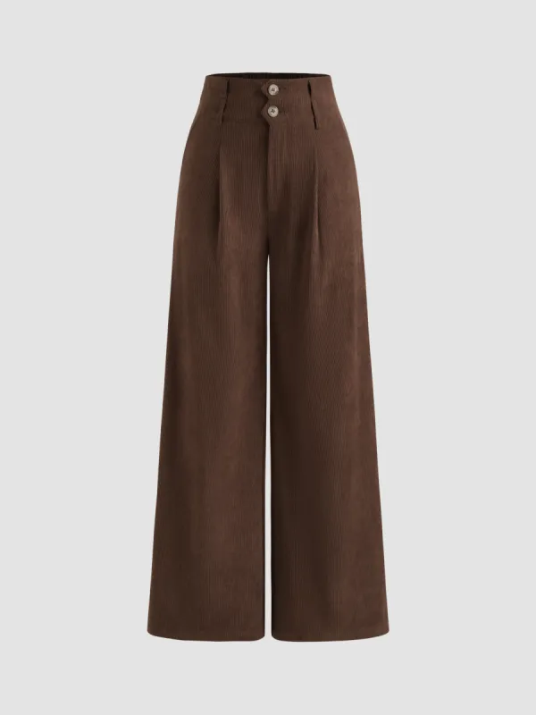 Corduroy High Rise Solid Pleated Double Button Pocket Wide Leg Trousers sold by Cider