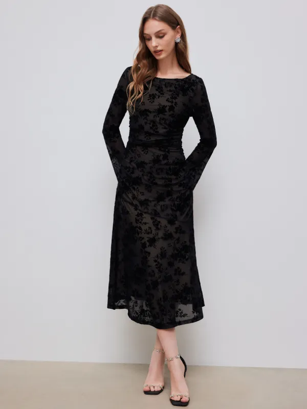 Mesh Boat Neck Floral Ruched Long Sleeve Maxi Dress sold by Cider