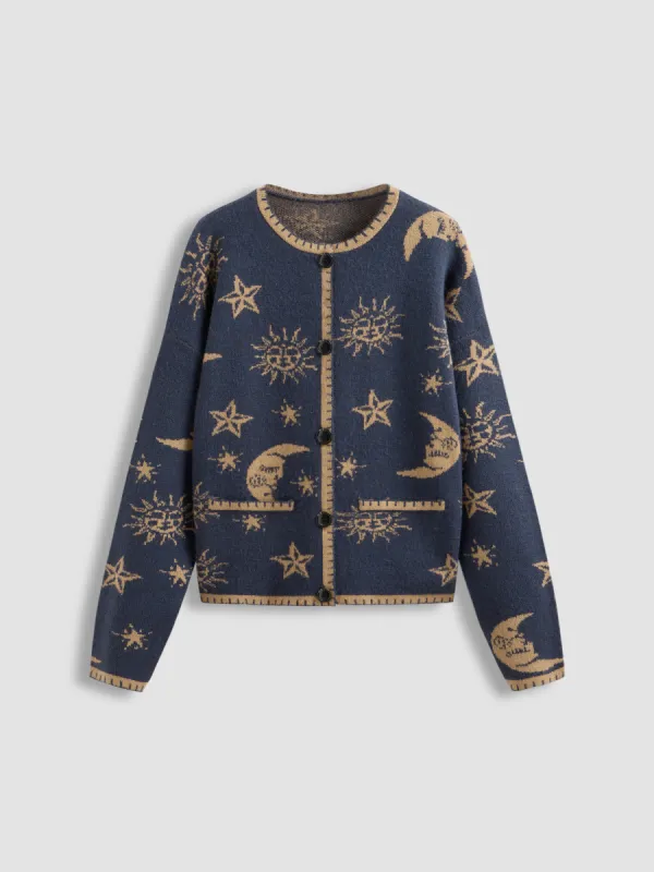 Knit Round Neckline Sun Star Button Cardigan sold by Cider