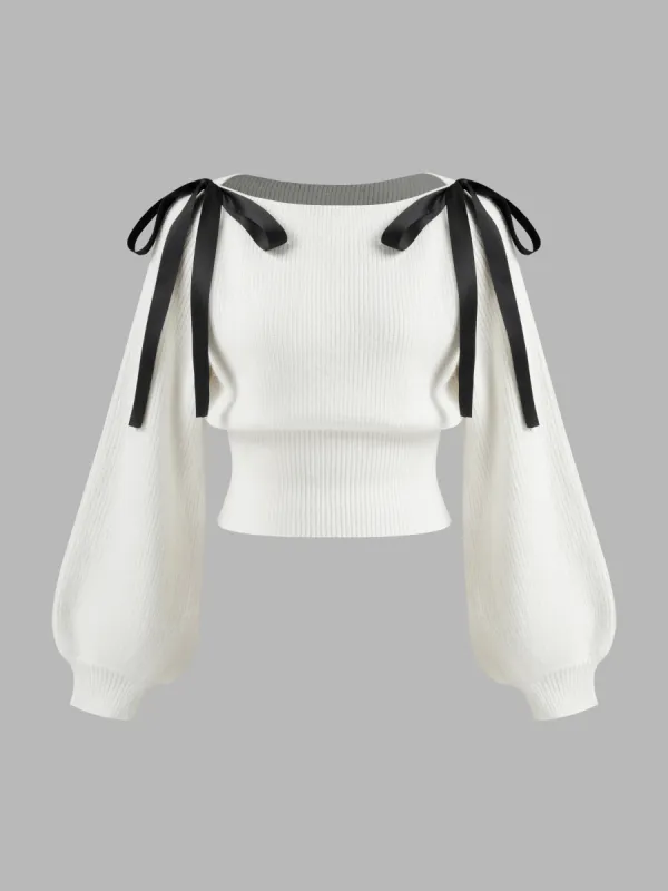Knit Boat Neck Bowknot Crop Oversized Sweater sold by Cider
